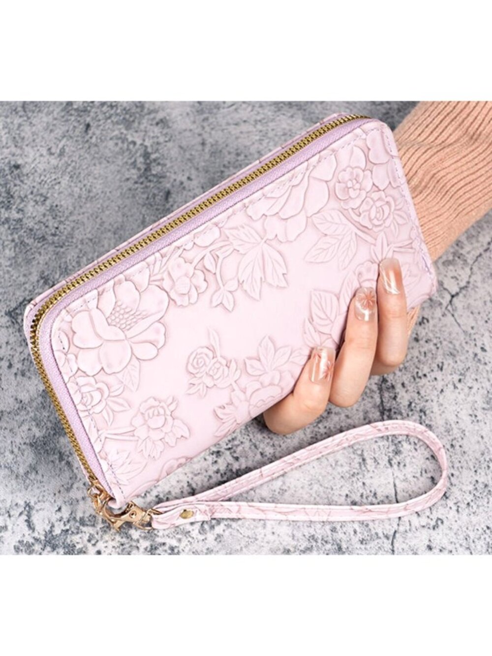 PU Leather Purple Floral Embossed Wallet With Wristlet Strap Zipper Closure Mult